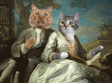 Load image into Gallery viewer, The portrait depicts a dreaming couple of two cats with human bodies dressed in silver regal attires
