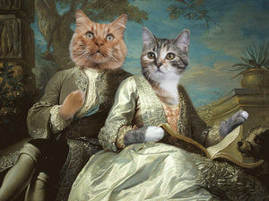 The portrait depicts a dreaming couple of two cats with human bodies dressed in silver regal attires