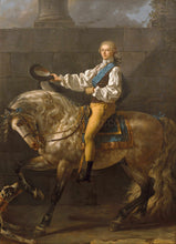 Load image into Gallery viewer, The portrait shows a man against a brick wall sitting on a horse dressed in renaissance regal attire
