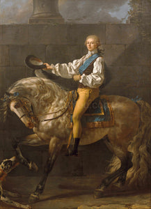 The portrait shows a man against a brick wall sitting on a horse dressed in renaissance regal attire