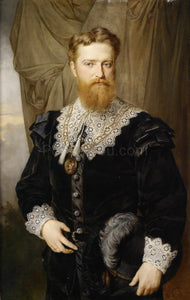 The portrait shows a man with a light beard dressed in black regal attire with rhinestones