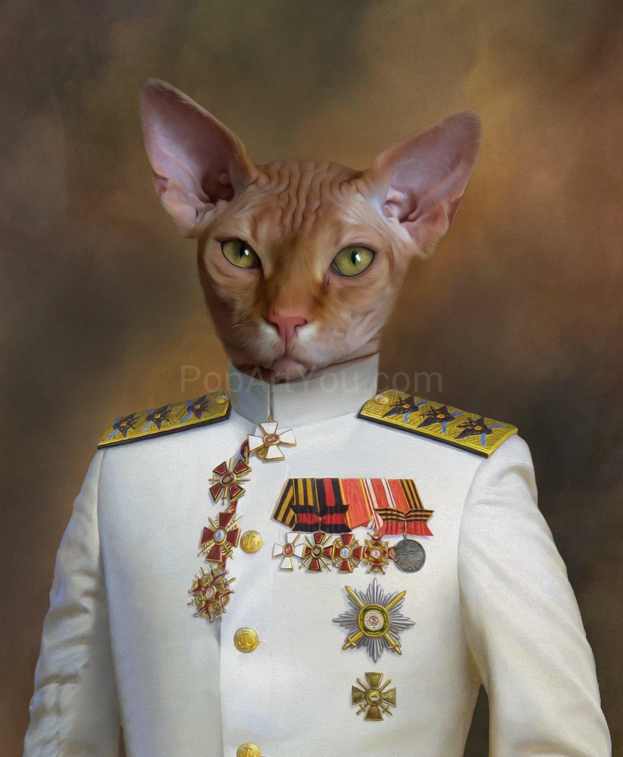 The portrait shows a cat with a human body, dressed in white soldier clothes with medals