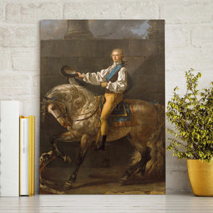 A portrait of a man sitting on a horse dressed in historicl royal clothes satands on a white floor against a white brick wall
