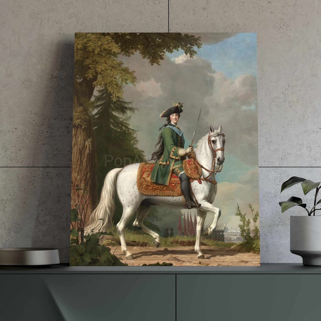 Portrait of a woman riding on a white horse dressed in green regal attire with a hat standing on a green table next to a pot