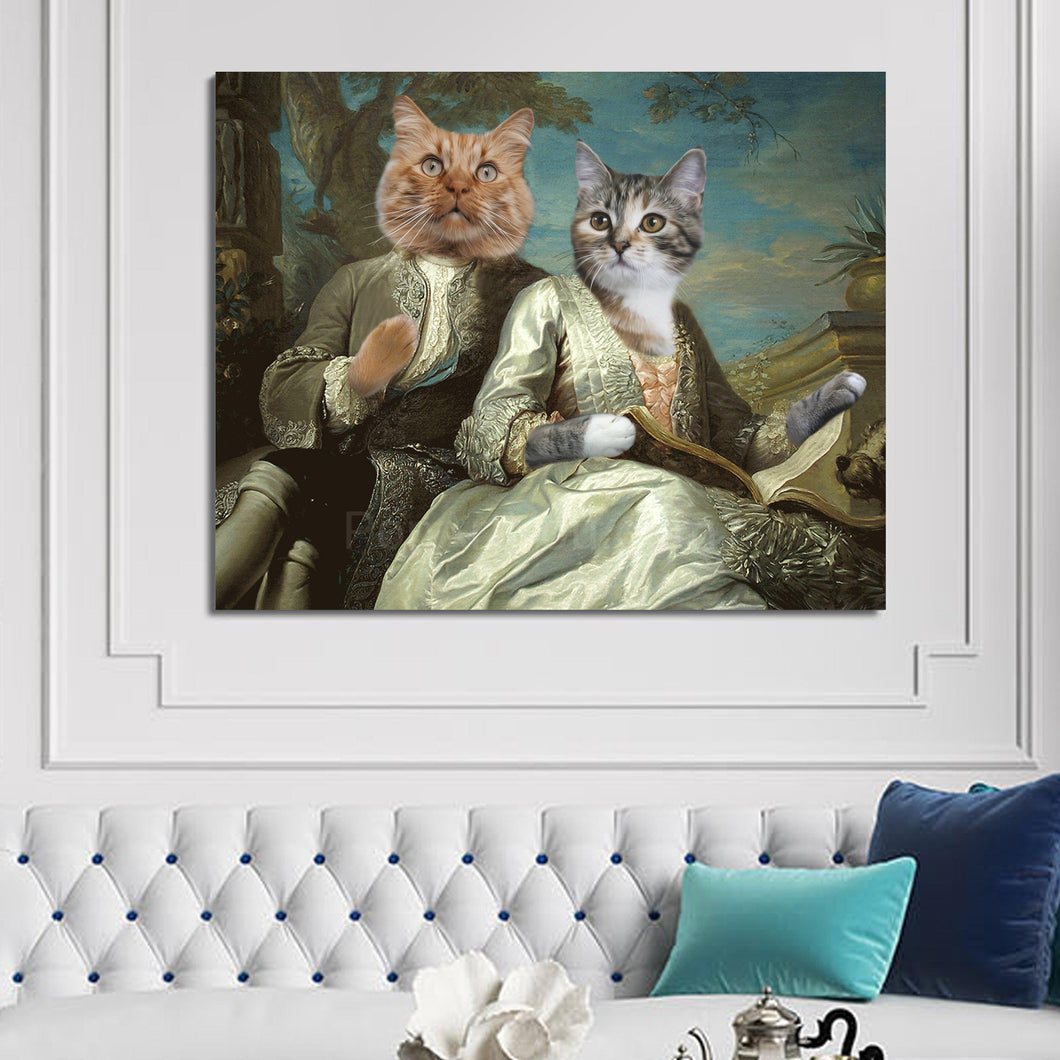 Portrait of a dreaming couple of two cats with human bodies dressed in silver royal clothes hangs on the white wall above the sofa