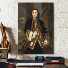 Load image into Gallery viewer, A portrait of a man standing on the beach dressed in historical regal attire hangs on the white brick wall above desk
