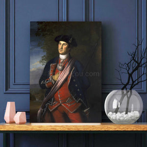 A portrait of a man dressed in renaissance regal attire stands on a wooden table against a blue wall