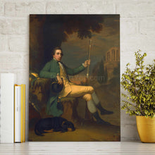 Load image into Gallery viewer, A portrait of a man dressed in historical royal green sitting next to a dog stands on a table next to a vase
