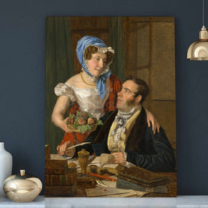 Portrait of a couple dressed in historical regal attire stands on a white table near a golden vase
