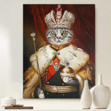 Load image into Gallery viewer, Royal portrait of a cat dressed as a king on a white wall
