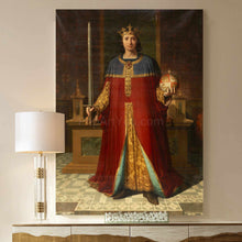 Load image into Gallery viewer, A portrait of a man dressed in red regal attire hangs on a beige wall next to a lamp
