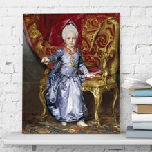 Load image into Gallery viewer, Portrait of a girl dressed in historical royal attire stands on a white shelf next to books
