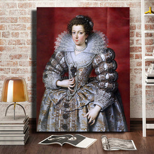 Portrait of a woman with dark hair dressed in silver royal clothes stands on the wooden floor near the books