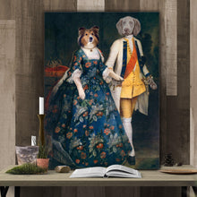 Load image into Gallery viewer, Portrait of a couple of two dogs with human bodies dressed in blue royal clothes stands on a wooden table near books
