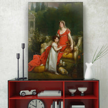 Load image into Gallery viewer, Portrait of a woman dressed in a red royal dress and a girl dressed in a white royal dress stands on a black table near the clock
