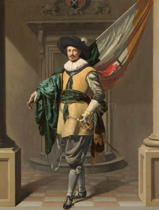 The portrait shows a man holding a flag dressed in renaissance regal attire with a black hat