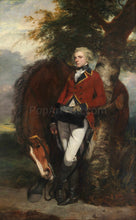 Load image into Gallery viewer, The portrait shows a man standing next to a horse dressed in red regal attire
