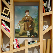 Load image into Gallery viewer, Portrait of a boy dressed in green royal clothes playing badminton stands on a wooden shelf
