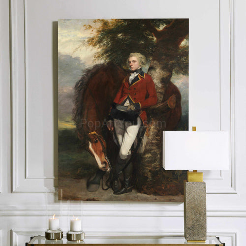 A portrait of a man standing next to a horse dressed in historical royal clothes hangs on a white wall