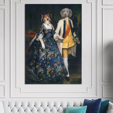 Load image into Gallery viewer, Portrait of a pair of two dogs with human bodies dressed in blue regal attires hanging on a white wall above the sofa
