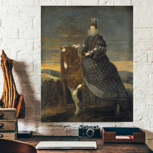 Portrait of a woman riding on a horse dressed in a black royal dress hangs on a white brick wall above a work table