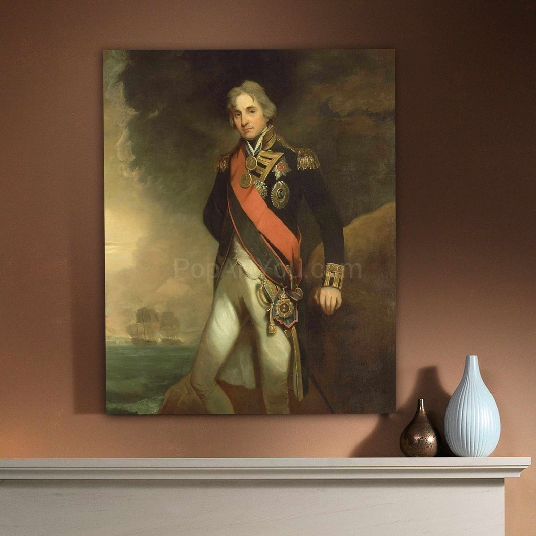 A portrait of a man standing on the beach dressed in historical royal clothes hangs on the beige wall above a white table