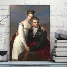Load image into Gallery viewer, Portrait of a couple dressed in white and black royal clothes stands on a blue table near books
