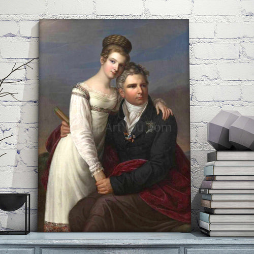 Portrait of a couple dressed in white and black royal clothes stands on a blue table near books