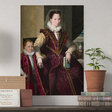 Load image into Gallery viewer, Portrait of a woman dressed in burgundy royal clothes standing with a child hanging on a white wall
