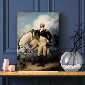 A portrait of a man standing near a horse dressed in historical royal clothes stands on a wooden table against a blue wall