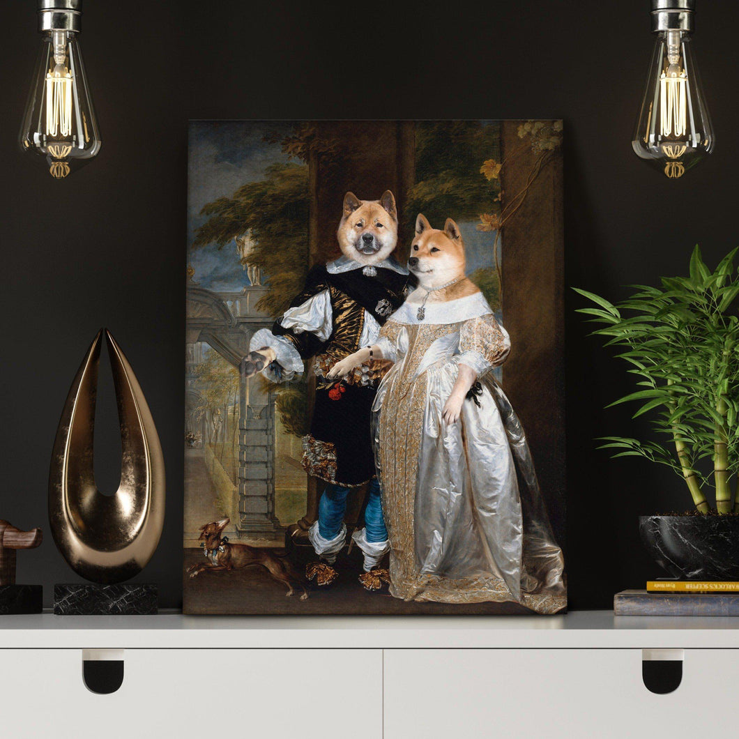 A portrait of a married couple of two dogs with human bodies dressed in silver royal clothes stands on a white shelf near two light bulbs