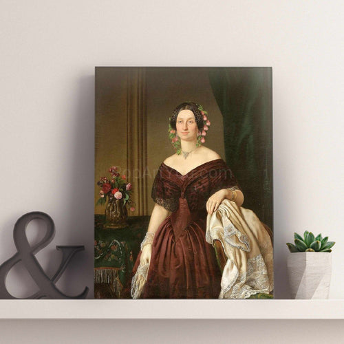 Portrait of a woman dressed in brown royal clothes stands on a white table next to a flower