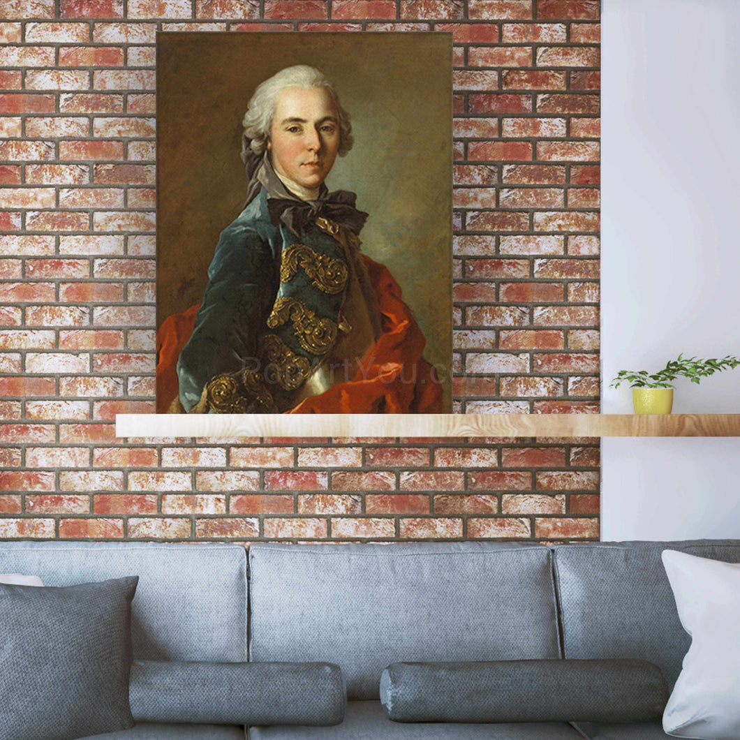 On the shelf against the background of a brick wall is a portrait of a man dressed in a renaissance costume
