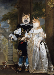 The portrait shows a married couple of two dogs with human bodies dressed in silver royal clothes