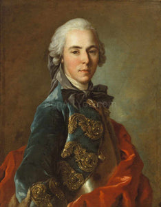 The portrait depicts a man with blond hair, dressed in hisctorical attire