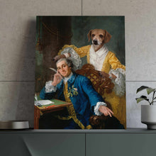 Load image into Gallery viewer, Portrait of a man with gray hair with a dog with the body of a man dressed in blue royal attires stands on a green table near a flowerpot
