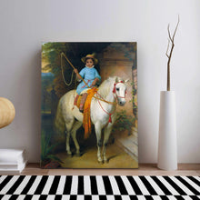 Load image into Gallery viewer, Portrait of a girl dressed in a blue royal dress sitting on a white horse stands on a wooden floor
