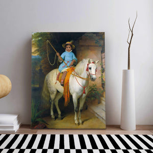 Portrait of a girl dressed in a blue royal dress sitting on a white horse stands on a wooden floor