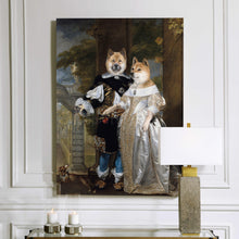 Load image into Gallery viewer, Portrait of a married couple of two dogs with human bodies dressed in silver royal clothes hangs on a white wall near two candles and a lamp
