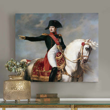 Load image into Gallery viewer, A portrait of a man sitting on a white horse dressed in renaissance regal attire hangs on a white wall
