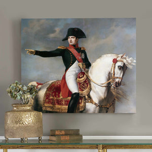 A portrait of a man sitting on a white horse dressed in renaissance regal attire hangs on a white wall