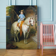 Load image into Gallery viewer, Portrait of a girl dressed in a blue regal dress sitting on a white horse stands on the floor against a blue wall

