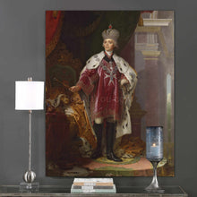 Load image into Gallery viewer, A portrait of a man with long white hair dressed in regal attire with a crown hangs on the gray wall next to a candle
