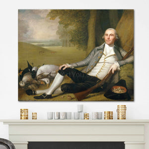 A portrait of a man after a hunt dressed in renaissance regal attire hangs on a white wall