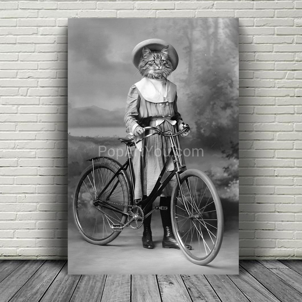 Lady with a bike retro pet portrait