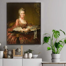 Load image into Gallery viewer, Portrait of a girl with white hair dressed in royal clothes hangs on a gray wall next to a flower in a vase
