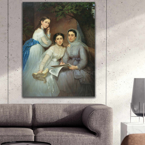 Portrait of three women dressed in royal blue dresses hanging on the gray wall above the sofa