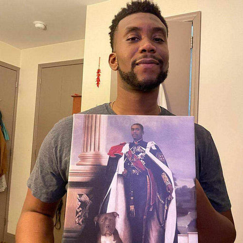 A man holds a portrait of himself dressed in renaissance regal attire standing next to a dog