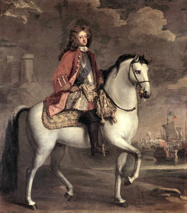 The portrait shows a man sitting on a white horse in the smoke dressed in renaissance regal attire