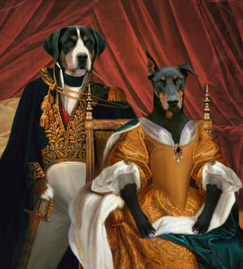 The portrait shows a royal couple of two dogs with human bodies dressed in golden royal clothes